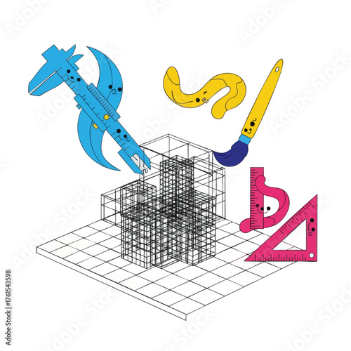 A whimsical collection of drafting tools and an architectural model.