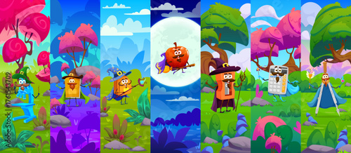 Cartoon school education stationery mage, sorcerer and wizard vector characters collage. Blue microscope, yellow book, orange sharpener, divider and calculator, schoolbag warlock magical personages