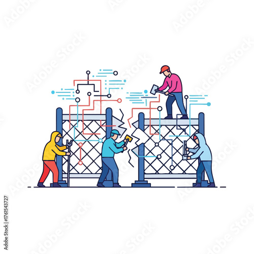 Workers repair a damaged fence with technological elements and circuits.