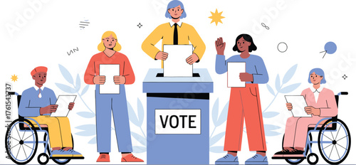 Diverse Group of People Voting, Including Wheelchair Users, Casting Ballots into a Blue Ballot Box