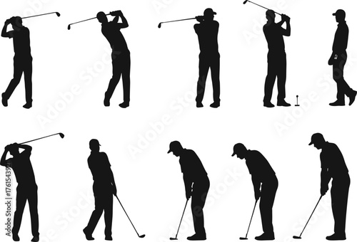 Golf player silhouette vector illustration set, professional golfer in swing and putting pose, sports training, leisure activity, black design, tournament concept