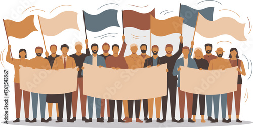 Diverse Group Protesting with Banners and Flags Illustration for Social Change and Activism