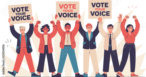 Diverse Group Raising Vote Your Voice Signs, Encouraging Civic Participation, Cartoon Style Illustration