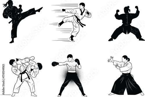 Martial arts silhouette vector, karate kick, judo throw, boxing stance, kung fu pose, combat sport action, self defense illustration