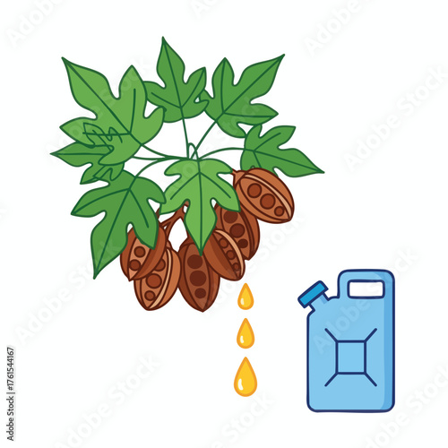 of plant seeds with oil drops falling into a canister.