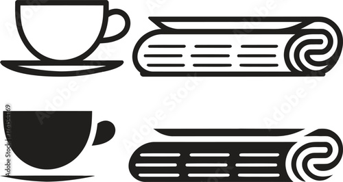 Simple icons of a coffee cup and saucer and a rolled newspaper