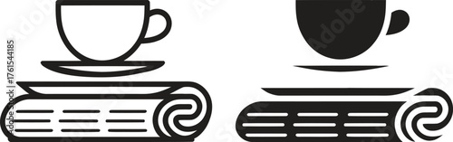 Two stylized icons of a coffee cup and saucer on a rolled mat