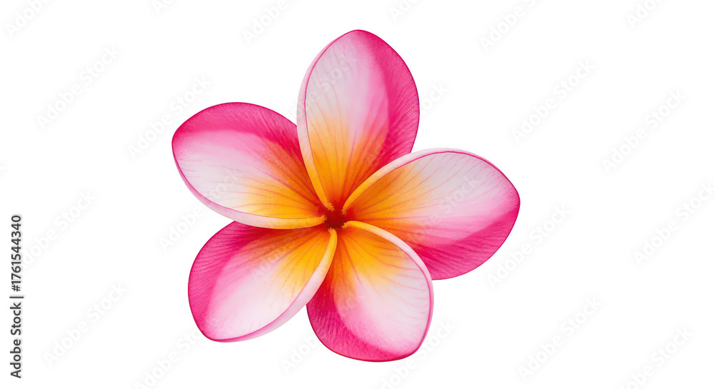 Fototapeta premium Vibrant Pink And Yellow Plumeria Blossom Isolated On Black
