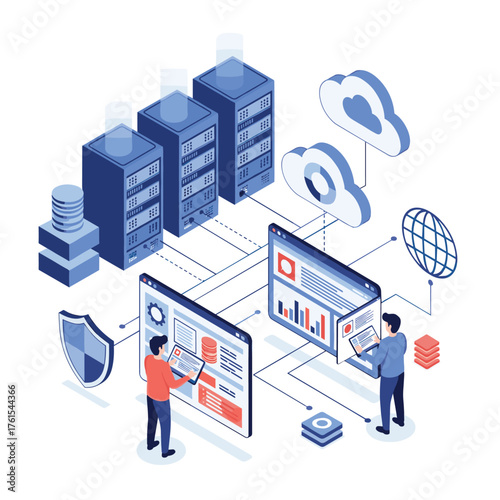 Modern cloud computing architecture with servers databases and analytics platforms.
