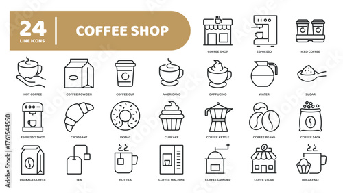 Set of collection line icons related coffee shop, coffee bean, espresso. Editable stroke. Perfect pixel on transparent background