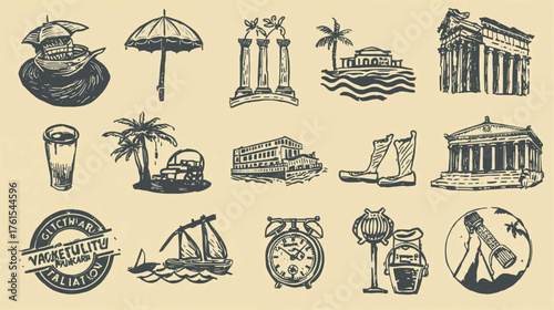 Charcoal Sketch Summer Vacation Icons — Greek and Italian Style, Ai Generate 