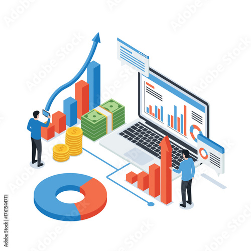 Analyzing financial data and business growth using charts and graphs on a laptop.