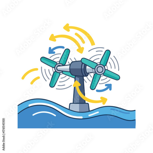 of a water turbine with arrows indicating energy flow and rotation.