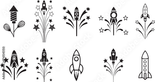 Collection of Black and White Fireworks Silhouettes