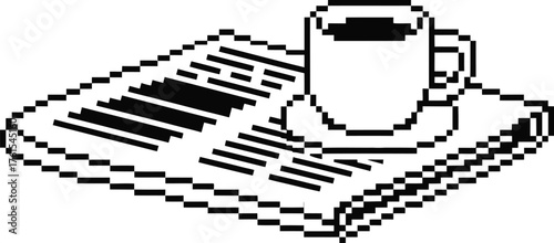 Black and white pixel art of a newspaper and coffee cup