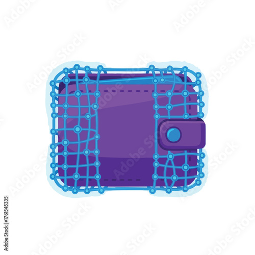 A digital wallet protected by a glowing blue network grid. Secure finances.