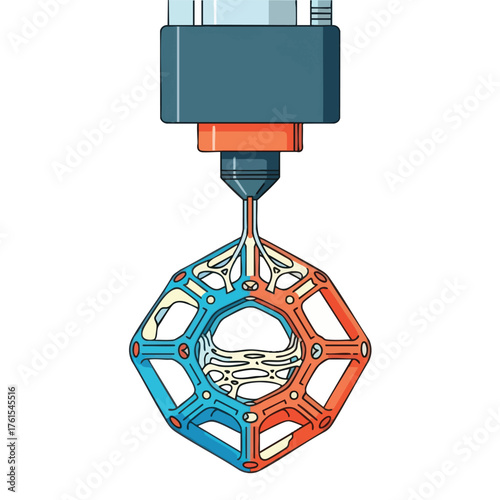 A 3D printer nozzle creates a complex, dual-colored object.