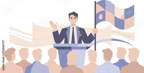 Man at Podium Giving Speech to Crowd with Flag in Light Blue and Peach