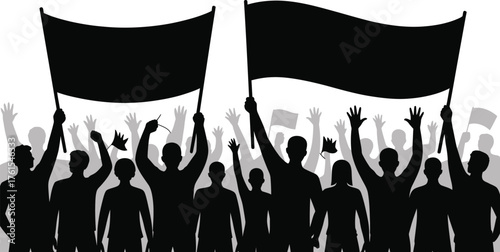 Silhouette of Crowd Protesting with Banners and Raised Hands Art Illustration
