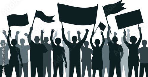Silhouetted Crowd Demonstrating with Flags and Signs Raised Against White Background Illustration