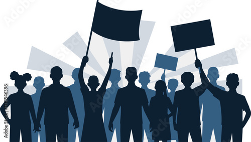 Silhouetted Crowd Protesting with Flags and Signs Against a Sunburst Background in Blue Tones