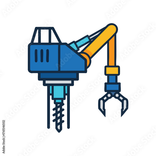 Stylized of a robotic arm with a drill and gripper.