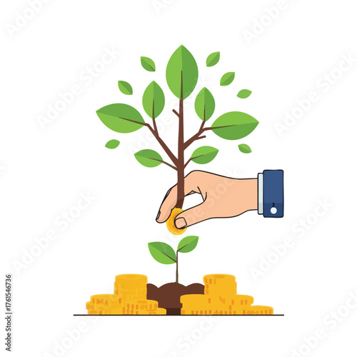 Hand planting a coin into a money tree, representing business growth.