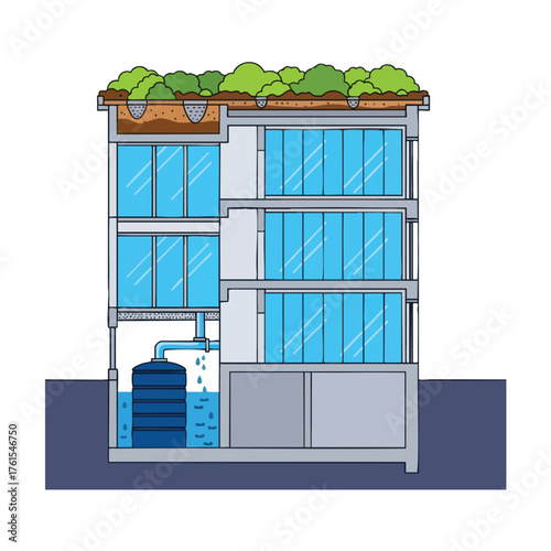 Cutaway view of a building with a green roof and water collection system.