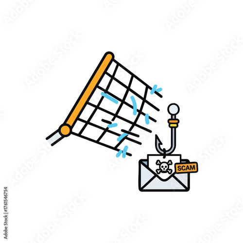 Fishing net, hook, and an envelope with a skull, representing a scam.