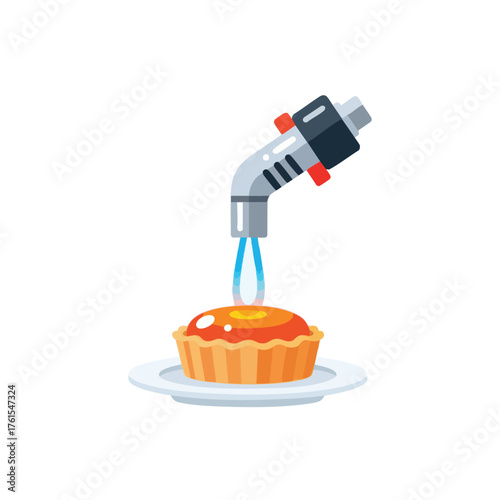 A blow torch caramelizing a dessert on a plate.