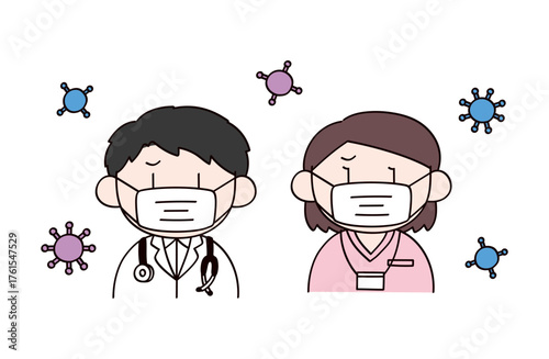 マスクする医者と看護師　男女2人のイラスト