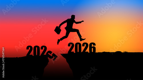 Businessman silhouette jumping from 2025 to 2026 at sunset. Represents New Year, transition, challenges, future, and successful goal achievement for business