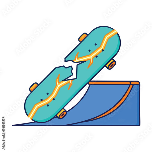 A broken skateboard on a blue ramp, illustrating a sport and danger.