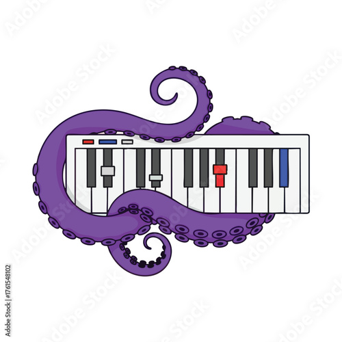 A purple octopus with tentacles wrapped around a white and gray piano keyboard.