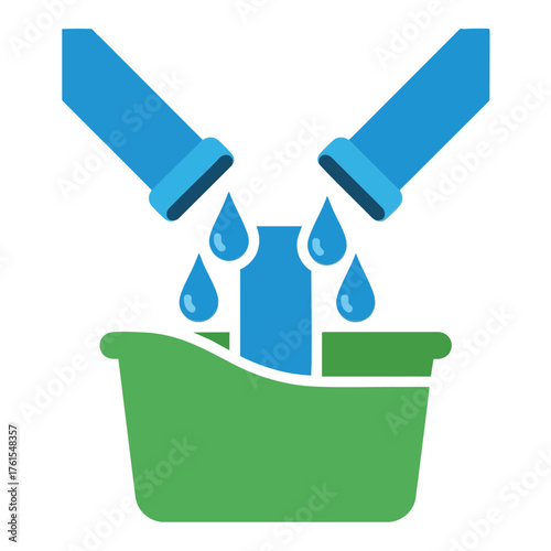 Water drops falling from pipes into a green basin.