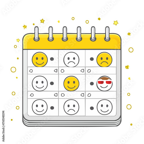 Mood tracker calendar icon with smiling-neutral-sad faces, daily emotion tracking, mental health journal, simple flat design.