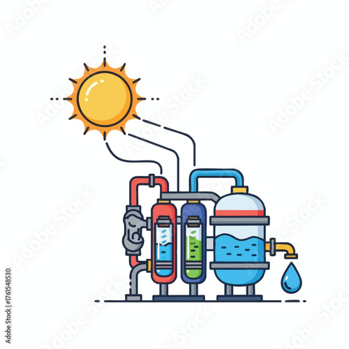 Solar-powered water filtration system with sun and industrial tanks.