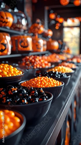 Halloween Candy Display with Pumpkins and Treats.