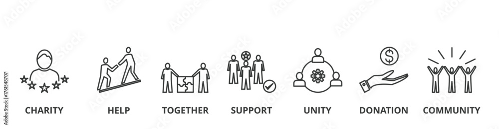 Obraz premium Volunteering banner vector illustration concept with icon of charity, help, together, support, unity, donation, and community