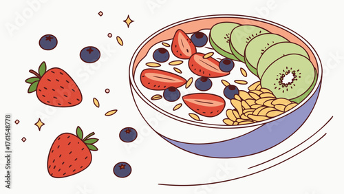 A bowl of smoothie with strawberries, kiwi, and blueberries is a healthy and delicious breakfast option