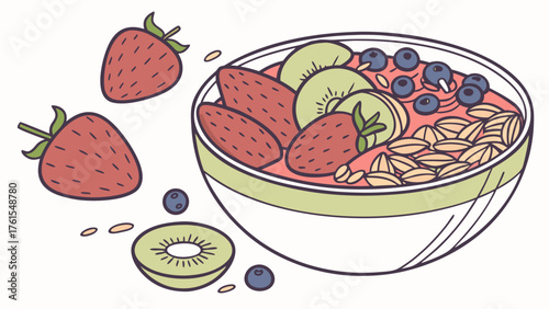 A bowl of smoothie with strawberries, kiwi, and blueberries is a healthy and delicious breakfast option