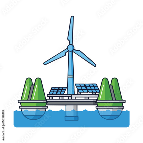 of a floating platform with wind turbine and solar panels on water.