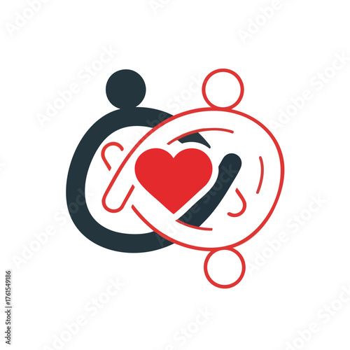 Abstract symbol of two figures embracing a heart.