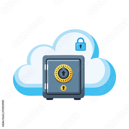 A safe and a lock icon are superimposed on a cloud.