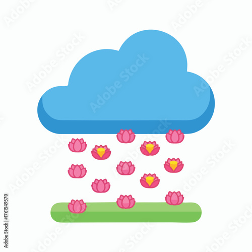 A cartoon cloud raining pink lotus flowers onto a green grassy surface.