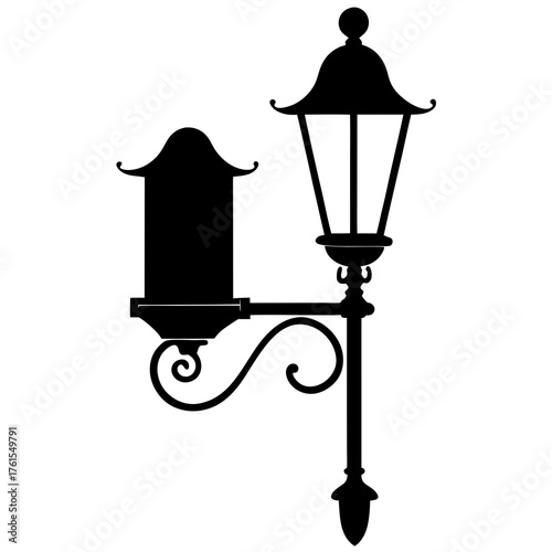 Classic black silhouette of a vintage street lamp with a sign holder
