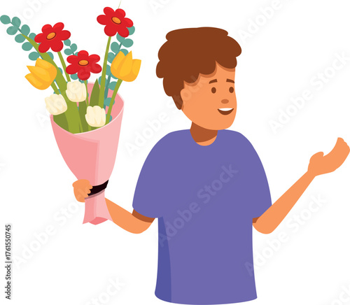 Boy holding bouquet of flowers congratulating and making surprise present