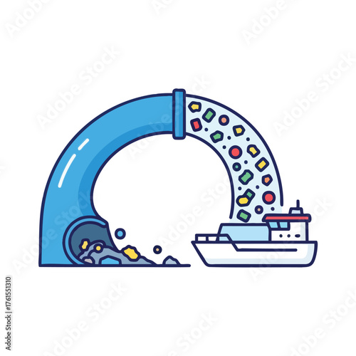 A pipe discharges garbage into the water near a ship.