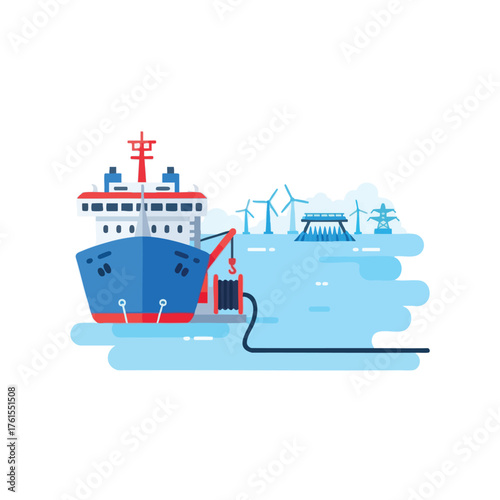 A ship is docked near wind turbines and a power line, symbolizing industry.