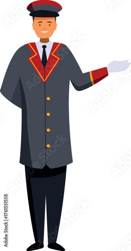 Smiling hotel porter wearing uniform showing something with open hand gesture
